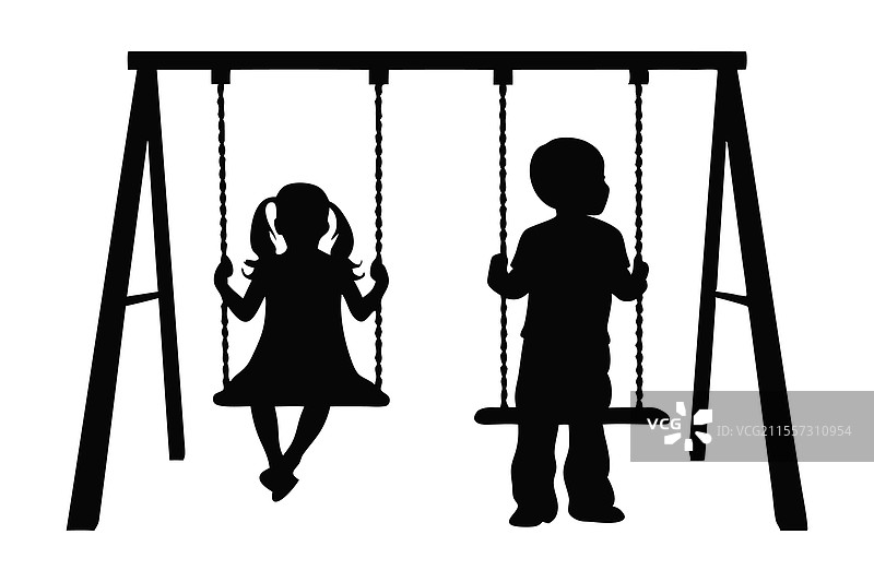 两个孩子快乐地在秋千上荡秋千图片素材