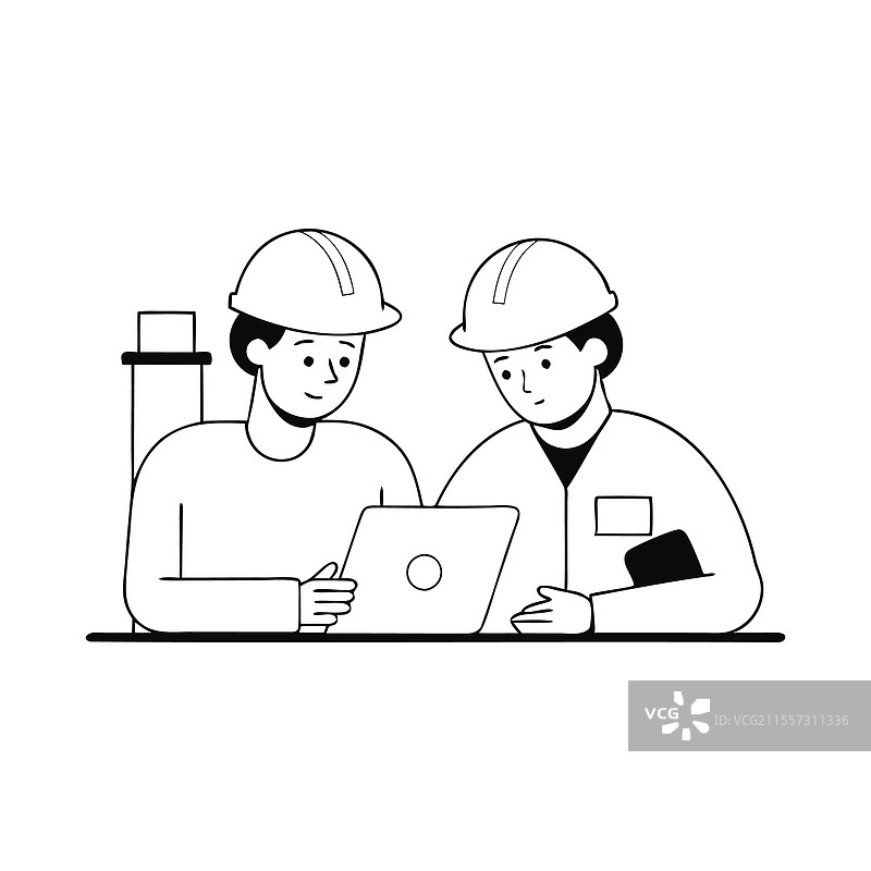 两个戴着安全帽的专业人士专注于一个图片素材
