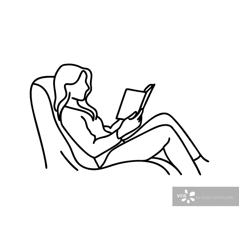 手绘线条艺术的女性阅读小说图片素材