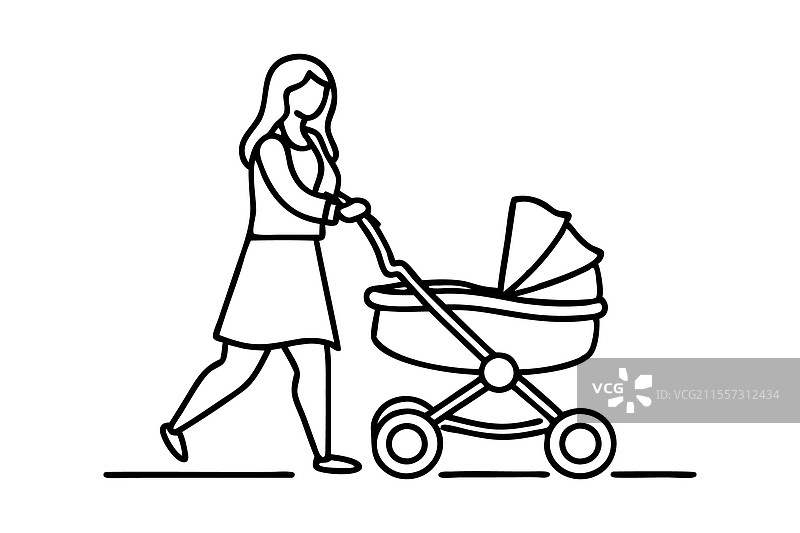 手绘线条艺术的推婴儿车的女人图片素材