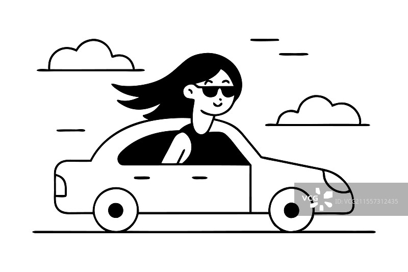 戴着太阳镜的女人倚靠在车外，散发出魅力。图片素材