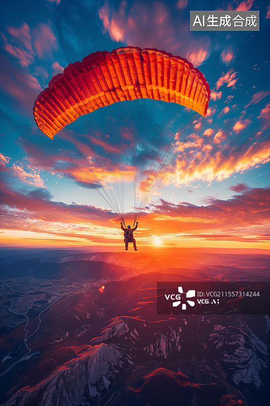 【AI数字艺术】日出时分一个人戴降落伞飞在空中图片素材
