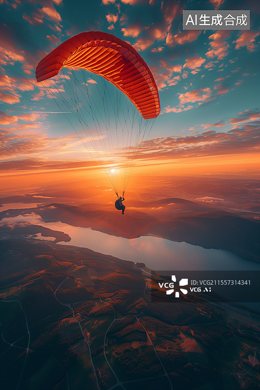 【AI数字艺术】日出时分一个人戴降落伞飞在空中图片素材