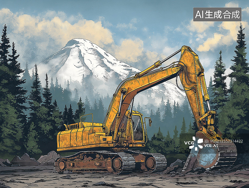 【AI数字艺术】一辆挖掘机正在野外作业修路图片素材