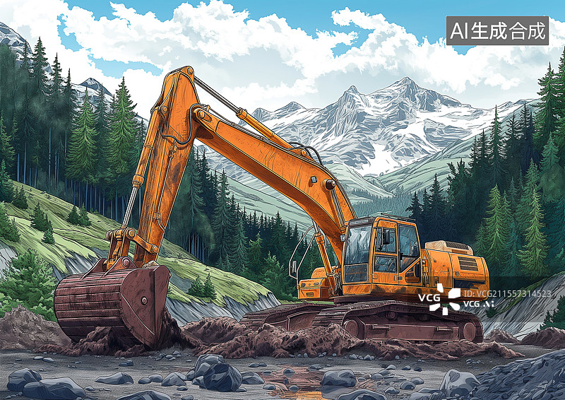 【AI数字艺术】一辆挖掘机正在野外作业修路图片素材