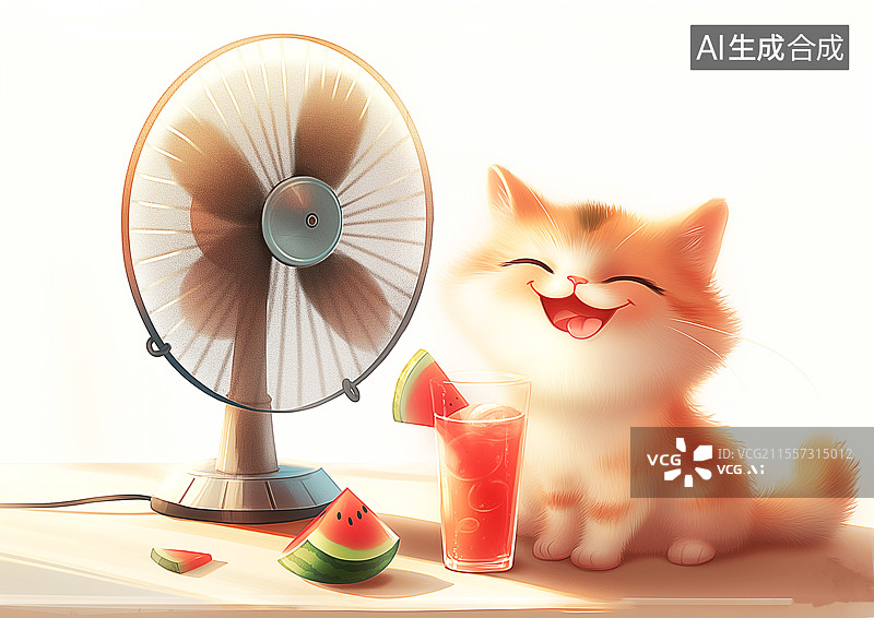 【AI数字艺术】炎热的夏天一只小猫吃西瓜吹风扇图片素材