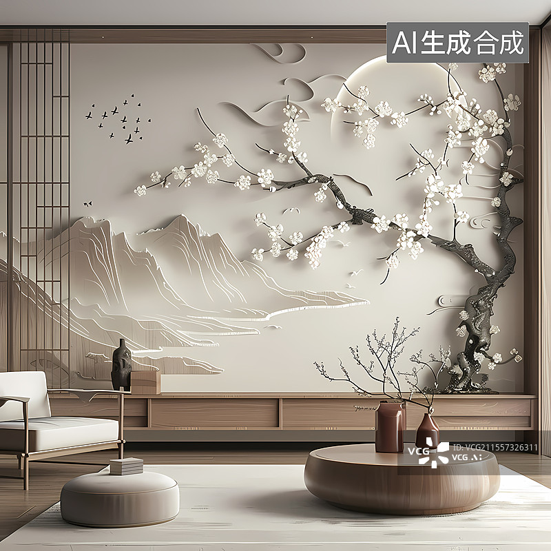 【AI数字艺术】新中式客厅里的山水花鸟景致图片素材