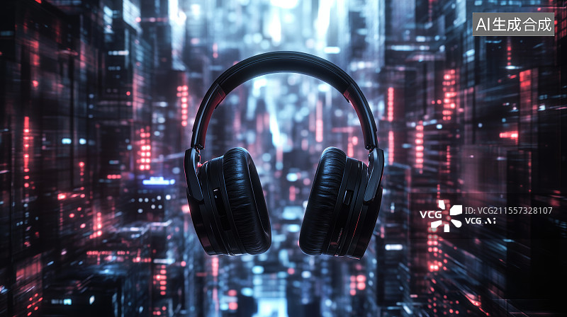 【AI数字艺术】赛博朋克的耳机漂浮在城市的半空中图片素材