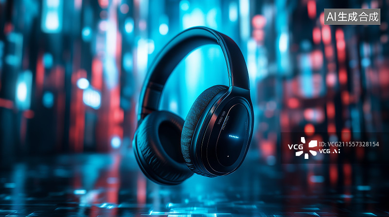 【AI数字艺术】赛博朋克的耳机漂浮在城市的半空中图片素材