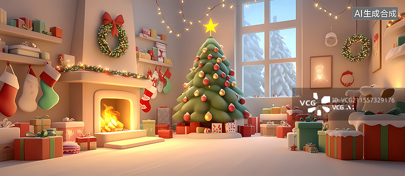 【AI数字艺术】温馨圣诞小屋满是节日礼物图片素材