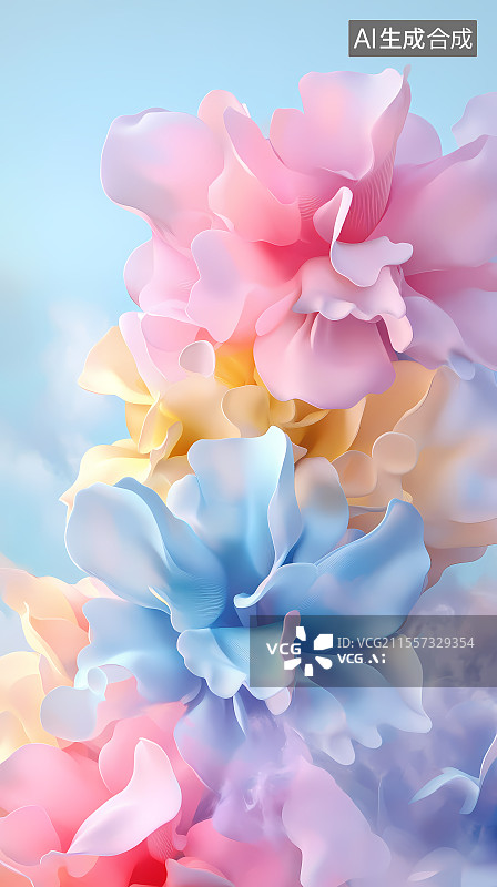 【AI数字艺术】梦幻缤纷花朵绽于蓝天之下图片素材