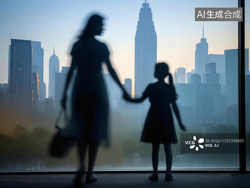 【AI数字艺术】模糊剪影母女两人图片素材