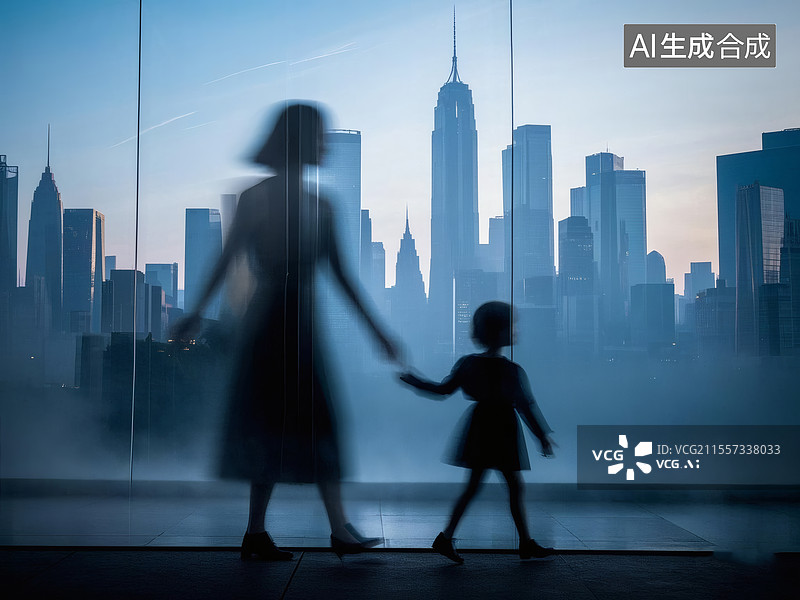 【AI数字艺术】模糊剪影母女两人图片素材