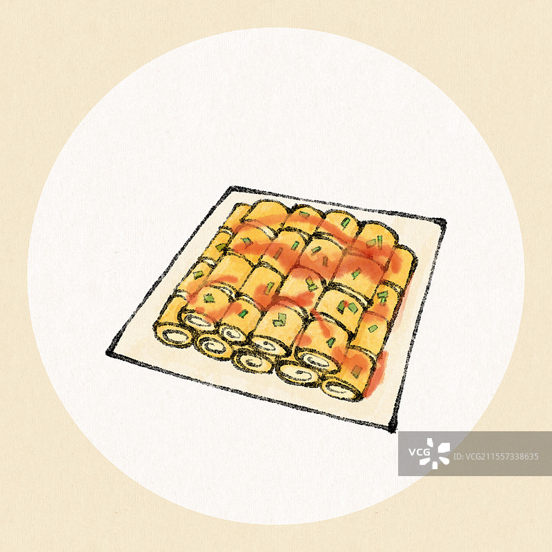 澳门美食国风插画-葱花鸡蛋肠粉图片素材