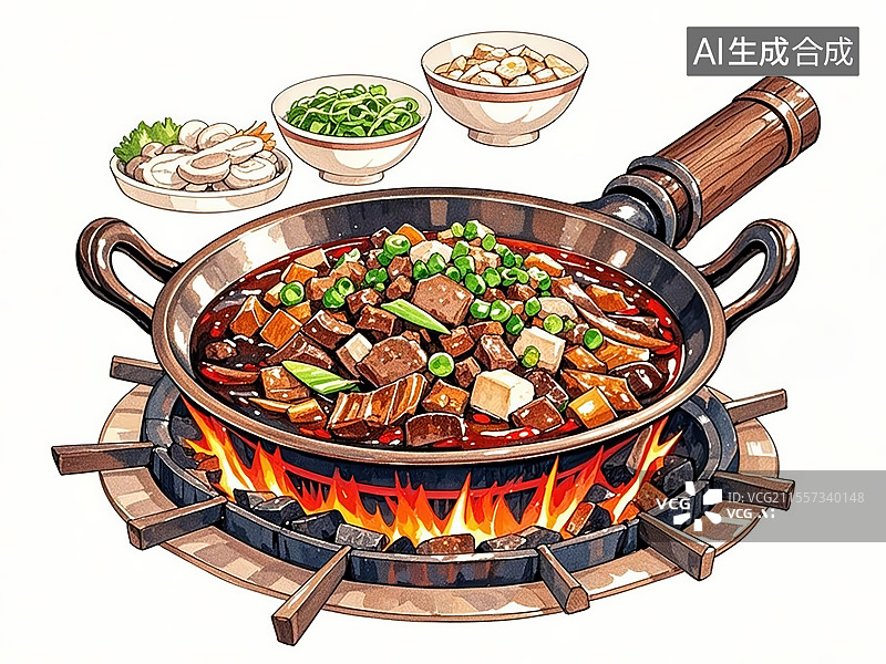 【AI数字艺术】云南保山火瓢牛肉，铜瓢炭火炖牛杂-传统美食手绘插画图片素材