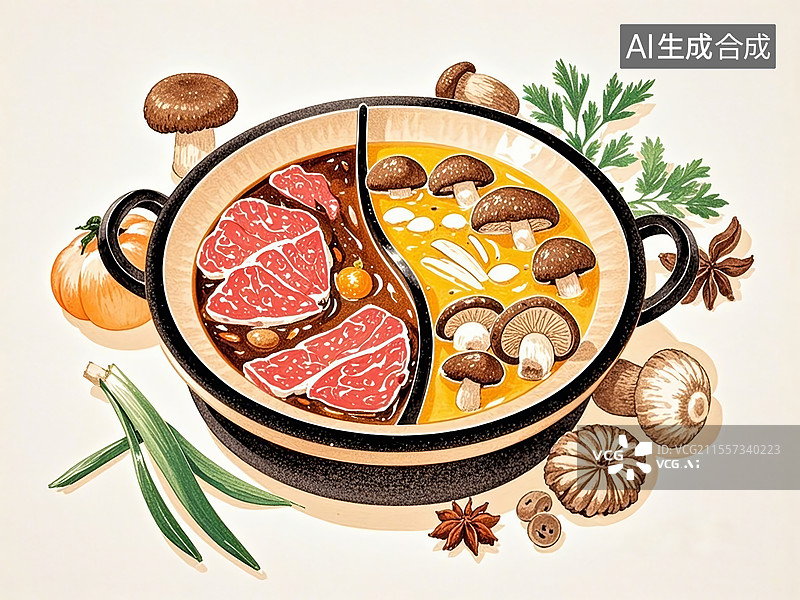 【AI数字艺术】云南保山火瓢牛肉，铜瓢炭火炖牛杂-传统美食手绘插画图片素材
