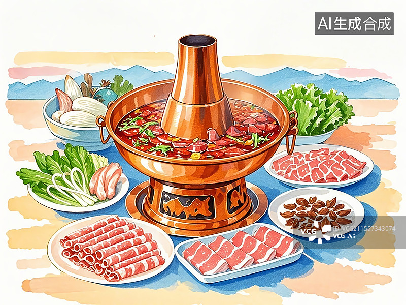 【AI数字艺术】重庆火锅川渝火锅传统美食手绘插画图片素材