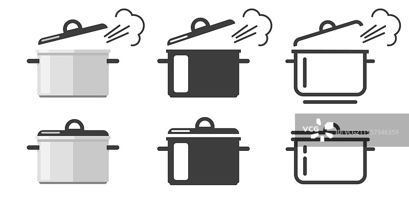 热气腾腾的炖锅图标，热沸的平底锅套装图片素材
