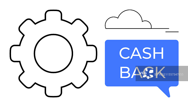 带有现金返还的蓝色对话气泡中的齿轮图标图片素材
