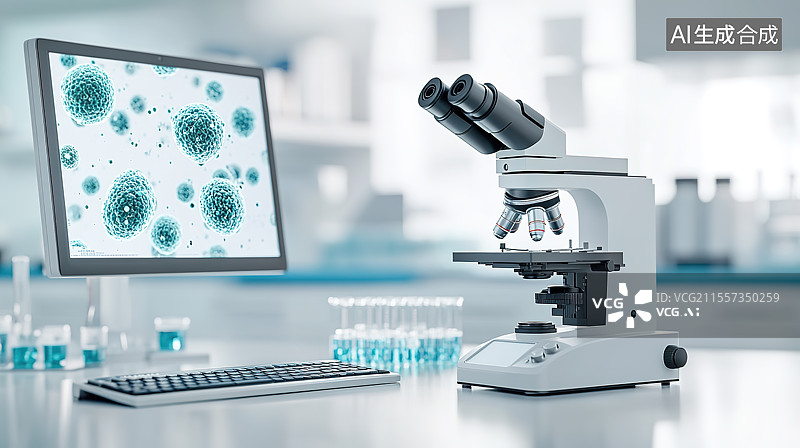 【AI数字艺术】实验室电子显微镜和电脑屏幕上显示出的细胞图像图片素材