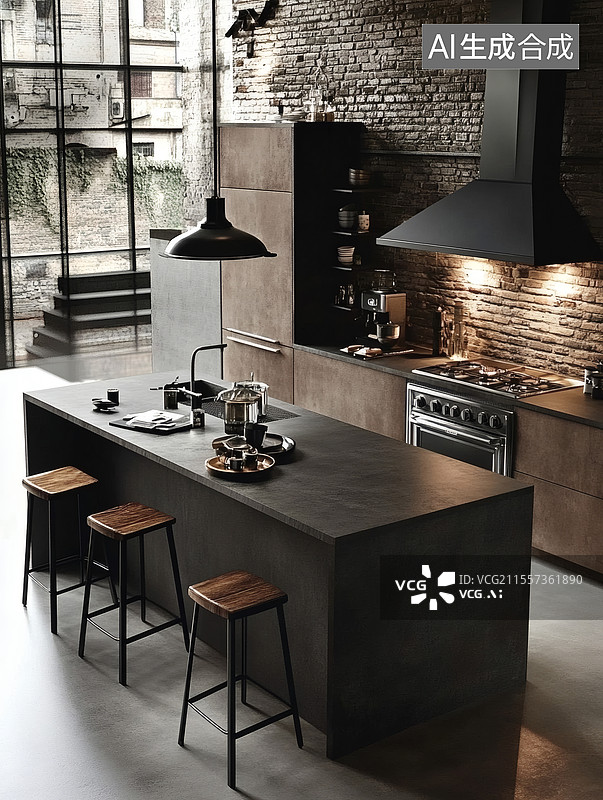 【AI数字艺术】现代工业风格厨房设计图片素材