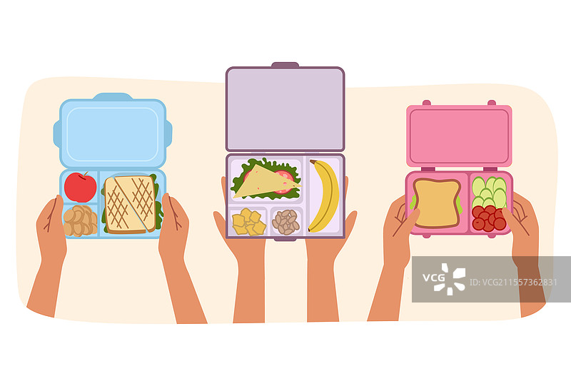 手中拿着早餐的午餐盒与人们图片素材
