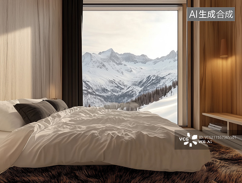 【AI数字艺术】北欧风木屋床窗外雪山风光图片素材