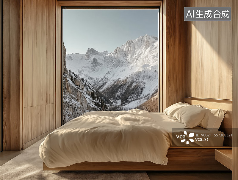 【AI数字艺术】斯堪的纳维亚风木屋床窗外雪山风光图片素材