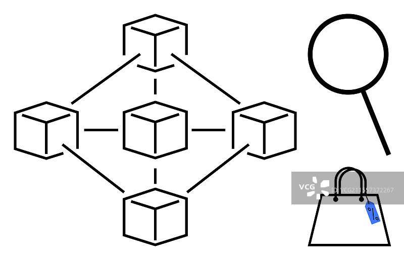 带放大镜的区块链网络结构图片素材
