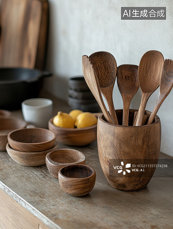 【AI数字艺术】厨房里陈列的木质餐具图片素材