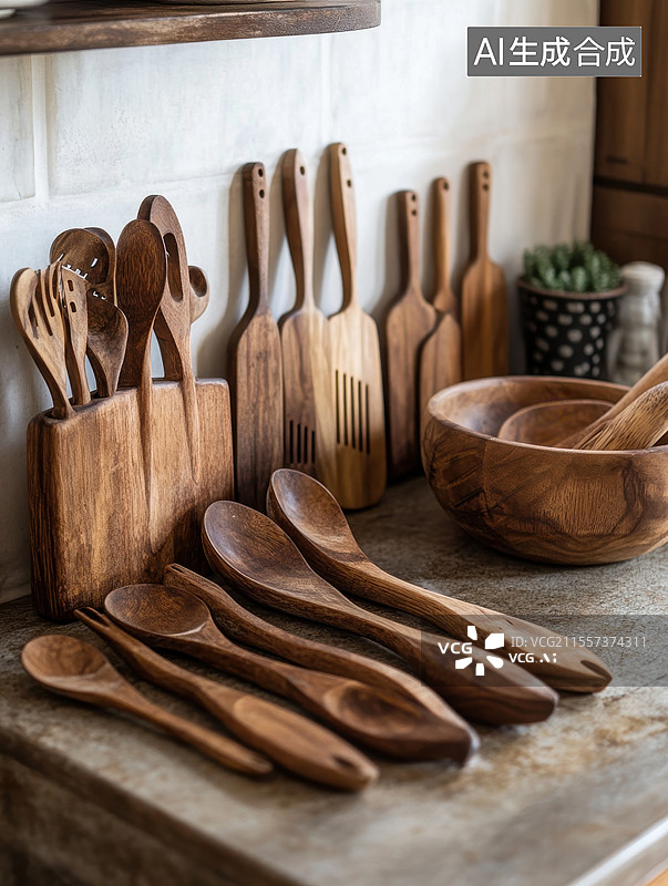 【AI数字艺术】厨房里陈列的木质餐具图片素材