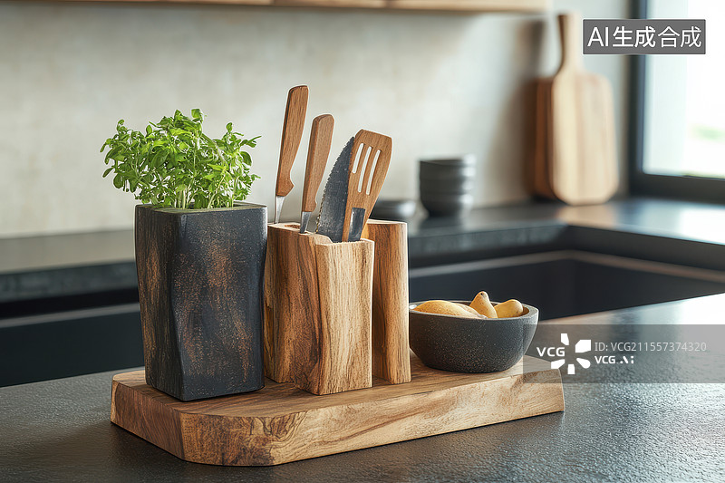 【AI数字艺术】厨房里陈列的木质餐具图片素材