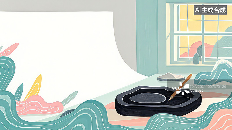【AI数字艺术】2D卡通居右-砚台墨水高清-文具画具类壁纸背景-手绘背景图片素材