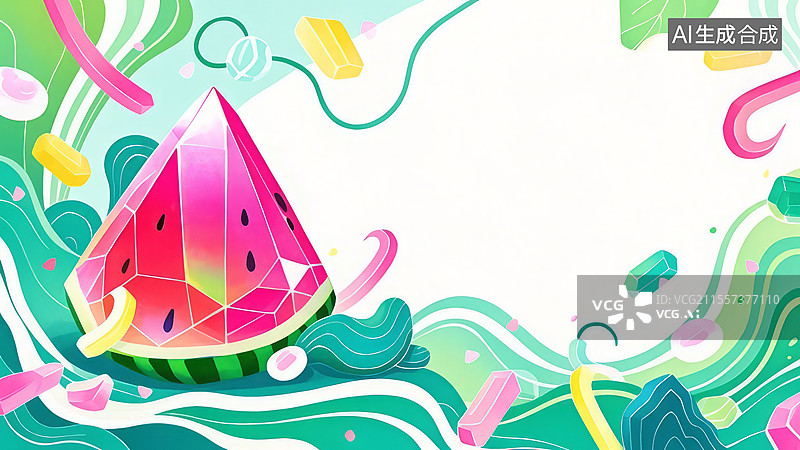 【AI数字艺术】2D卡通左下-矿物宝石类壁纸-手绘扁平化背景高清-碧玺 - 长柱状晶体图片素材