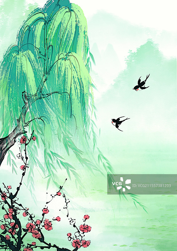 春季水墨风插画图片素材