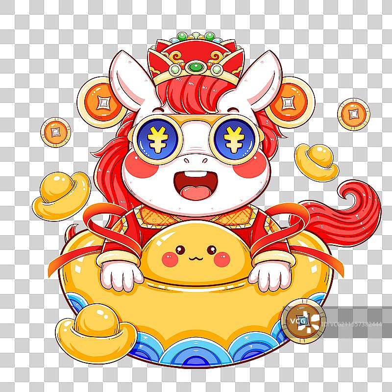 新年春节生肖抱元宝小白马插画元素图片素材