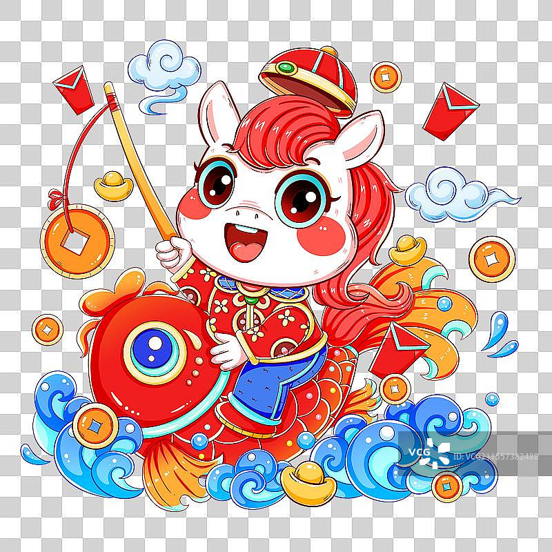 新年春节生肖骑锦鲤拜年小白马插画图片素材