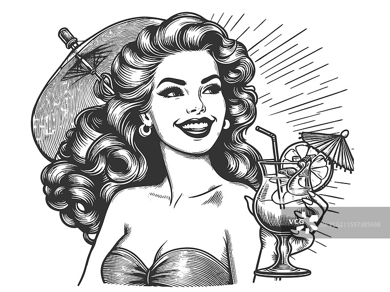 微笑的女性享受热带鸡尾酒图片素材