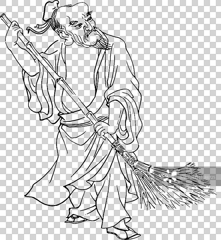 扫地 道士 道观 宗教 中国文化 神话 传统文化 插画 人物图片素材