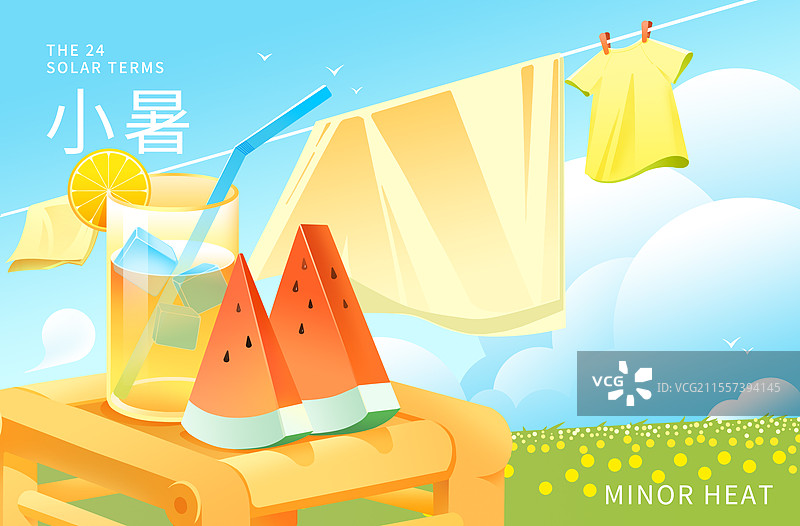二十四节气夏天小暑西瓜冰镇柠檬水插画海报图片素材