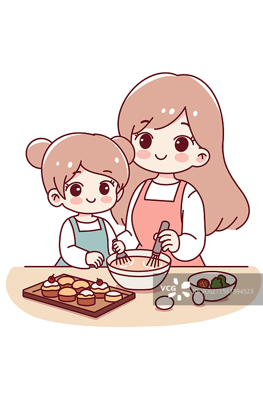 小女孩和妈妈一起做蛋糕图片素材