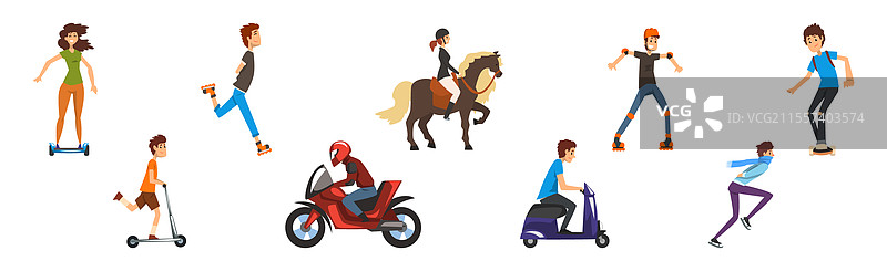 男女骑乘和驾驶不同类型的车辆图片素材