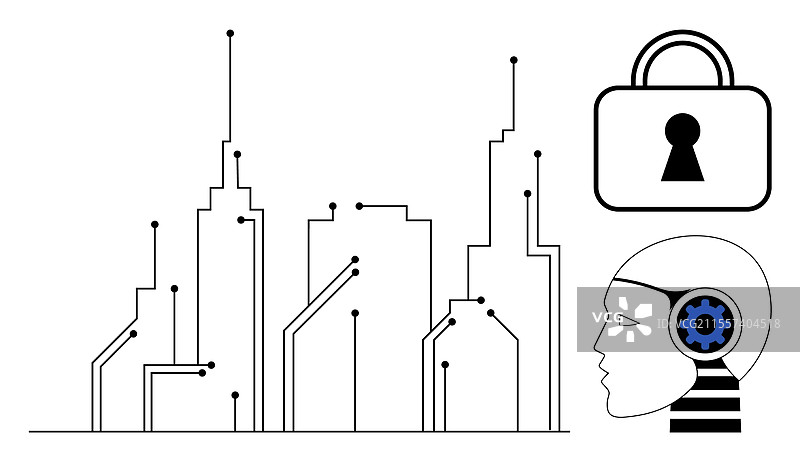 未来智能城市，带有人工智能头像和锁图标图片素材