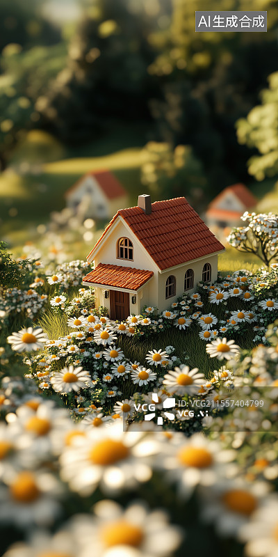 【AI数字艺术】雏菊花园小屋微缩移轴摄影创意插画背景图片素材