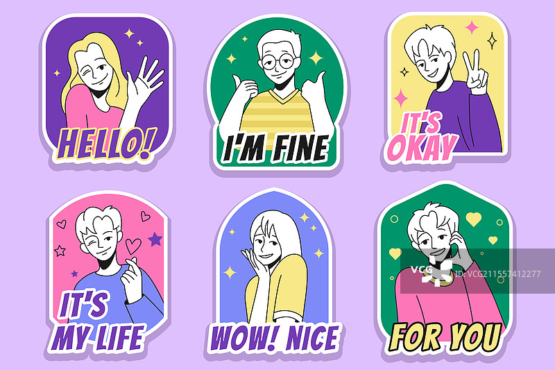 可爱的人物贴纸，手绘徽章卡通风格图片素材