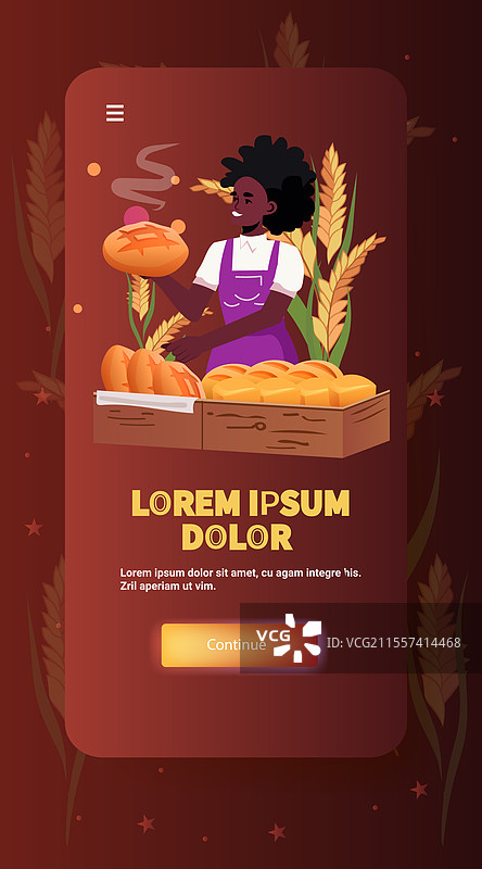 面包师在面包店场景中手持面包，周围有小麦图片素材