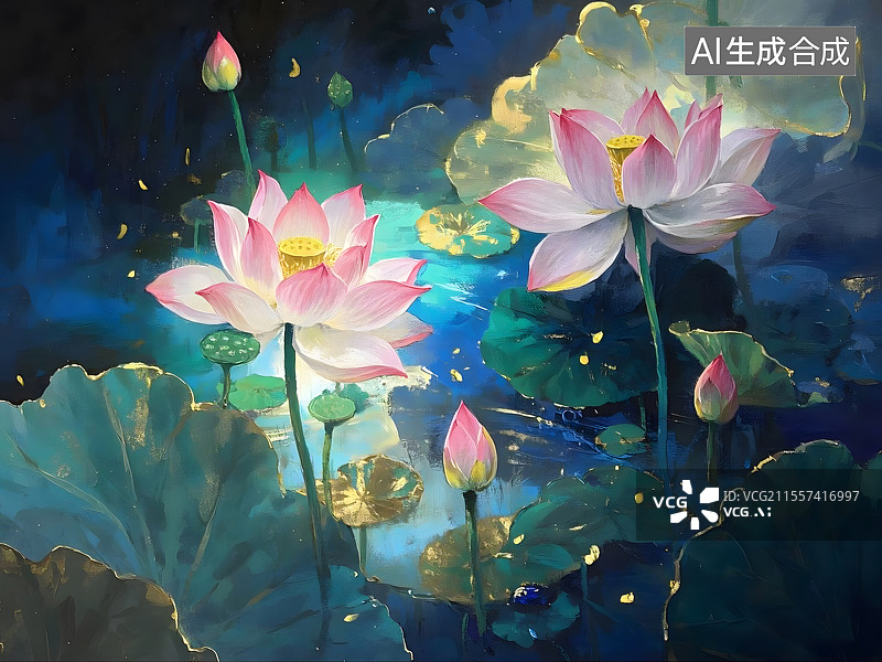 【AI数字艺术】睡莲静谧之夜图片素材