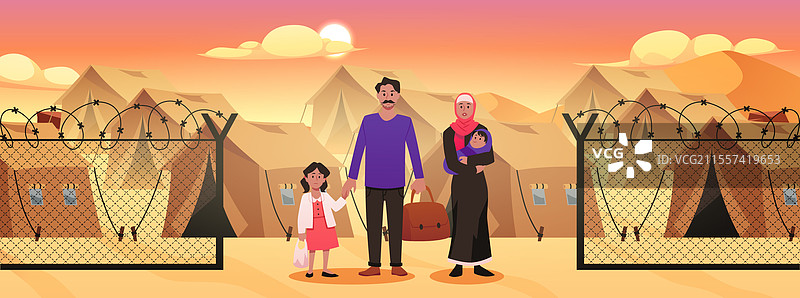 沙漠中的难民营，难民家庭图片素材