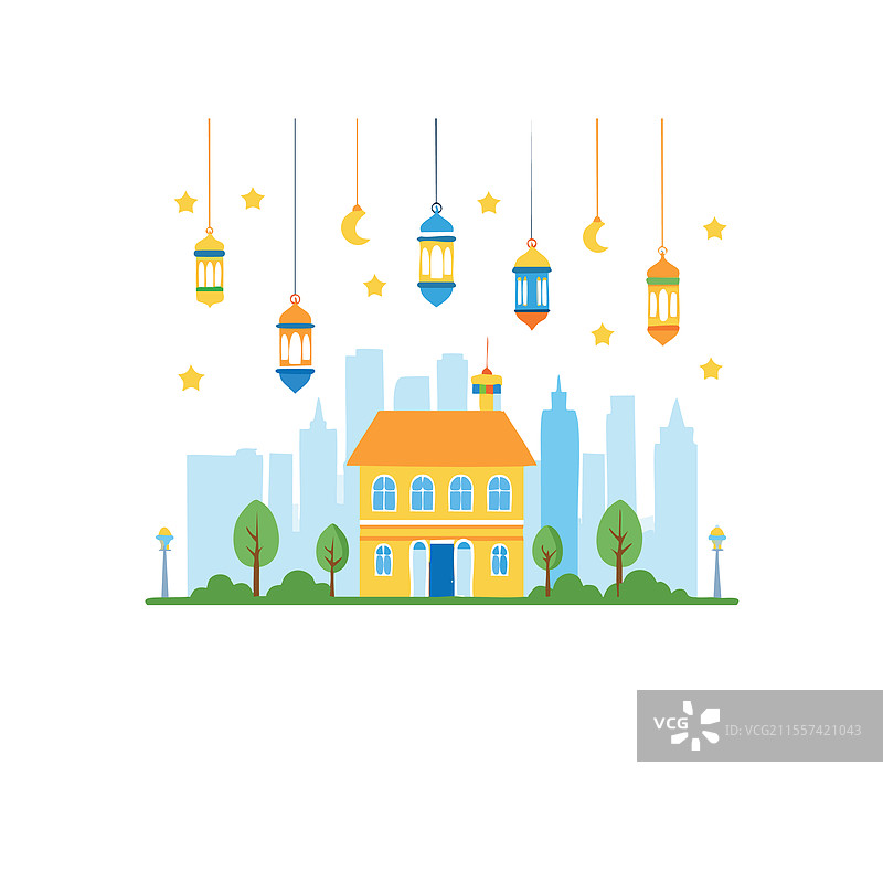 装饰着斋月灯笼的村庄图片素材