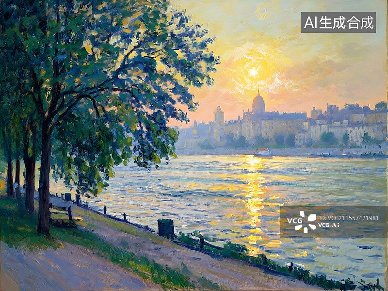 【AI数字艺术】塞纳河畔落日余晖图片素材